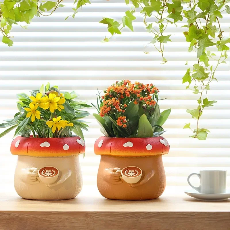 

New Mushroom Planter Pot with Cute Belly and Coffee Cup with Succulent Pot Storage Bucket Resin Decoration Vase Decoration Home