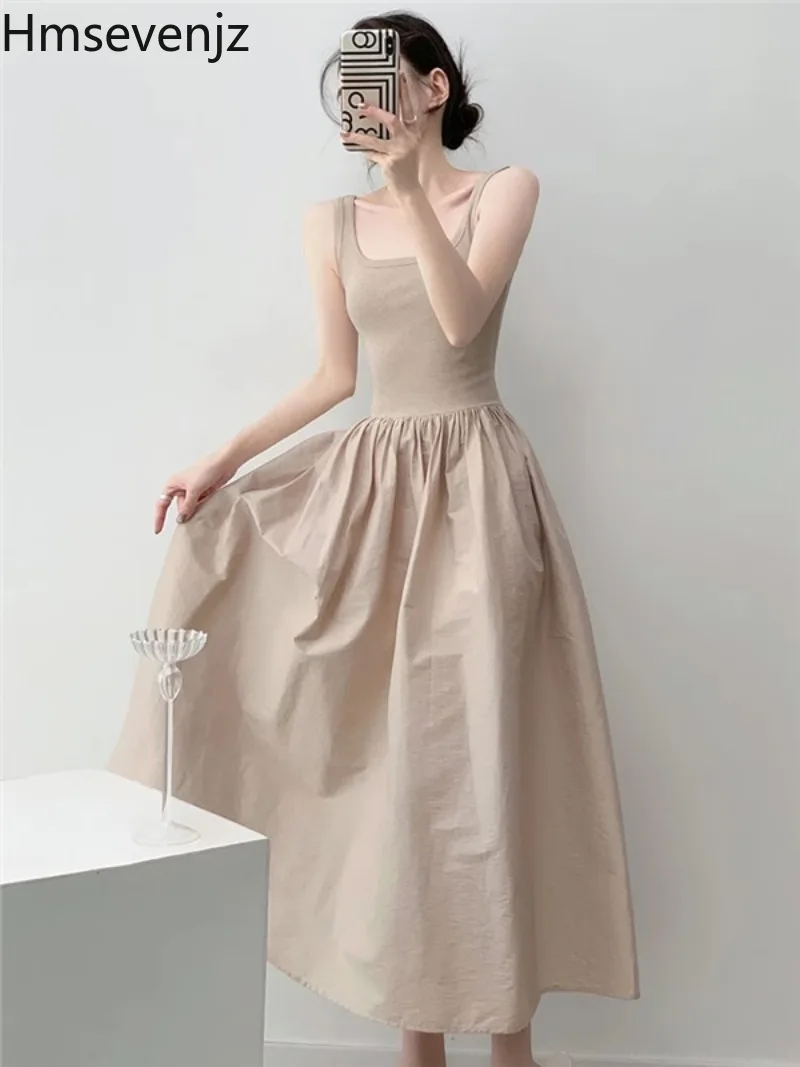 

Hmsevenjz Knitted Patchwork Sleeveless Dress for Women's Summer Elegant Party Big Swing Long Dress Fashion Female Clothes
