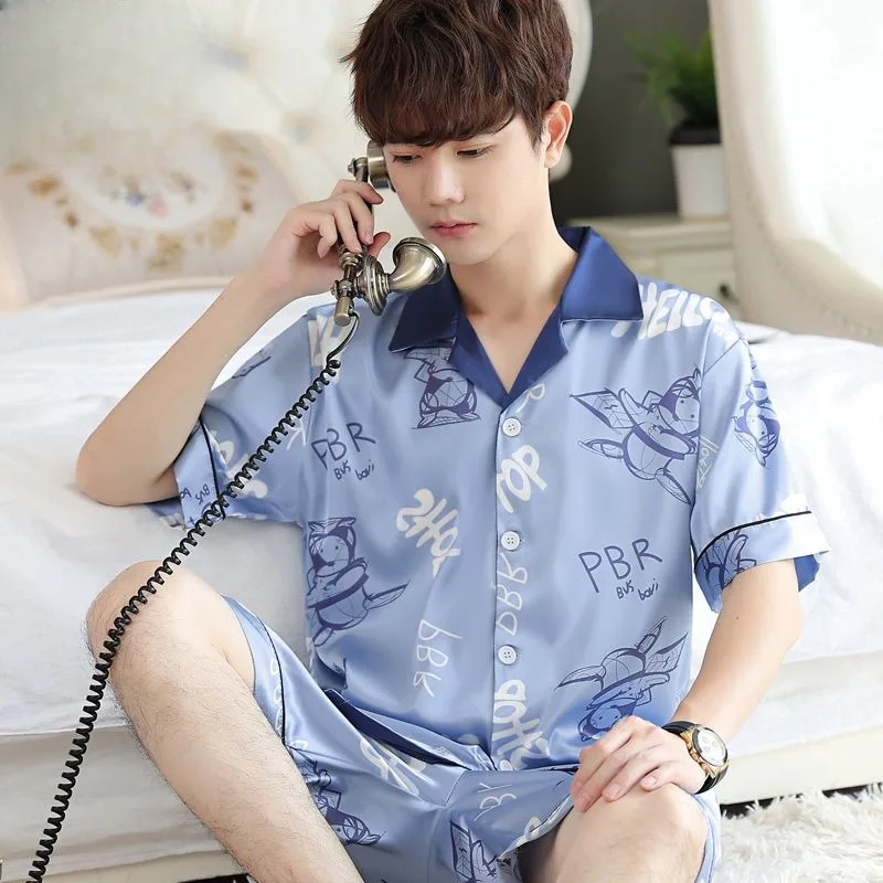 

Cartoon Print Summer Suit Sleepwear Latest Men's Cardigan Ice Silk Young Thin Short-sleeved Shorts Outer Loungewear Pajamas Set