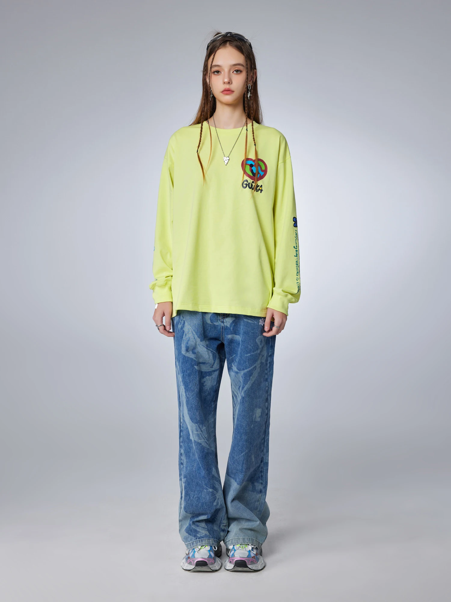 Guuka Fluorescent Yellow Heavyweight Long Sve Women's T-irt Pure Cotton Loose Fit Casual Sle Spring Season round Ne