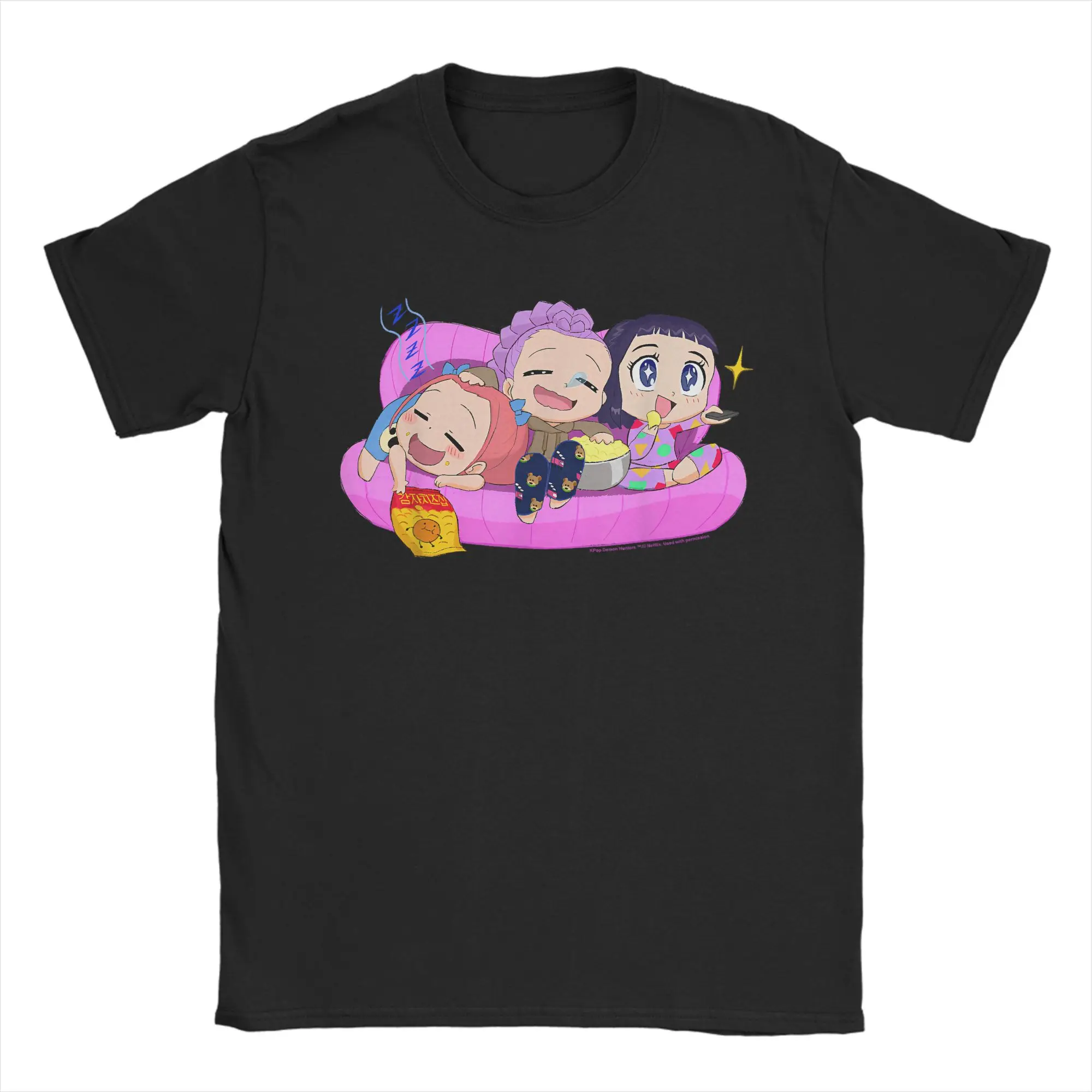 

Oversized T-Shirt Demon Hunters Chibi Huntrx Relaxing in The Couch Cotton T-Shirts Tshirt for Men Summer Short Sleeve Top Tees