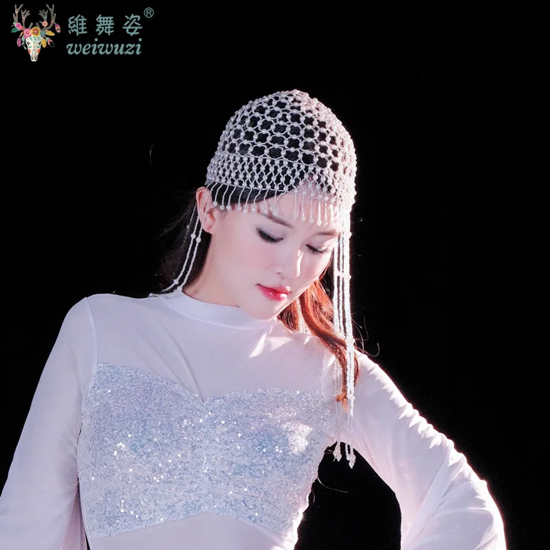 Belly Dancing Performance Headwear Handmade Exquisite Pearl Tassel Hat for Women's Oriental Dance Stage Competition Headgear