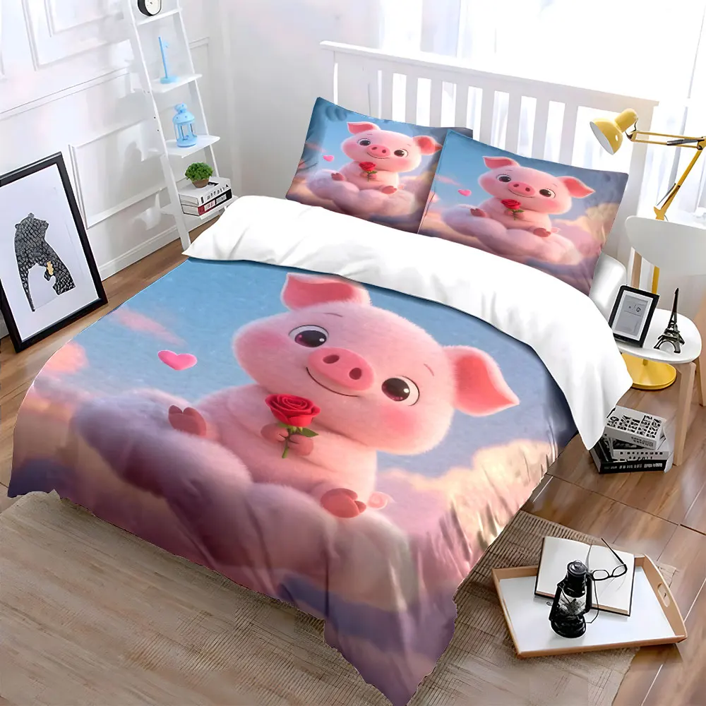 Adorable pink pig holding rose on cloud Printed Duvet Cover Set1 Duvet Cover+2 PillowcaseMulti Size Bedroom Bedding Decor