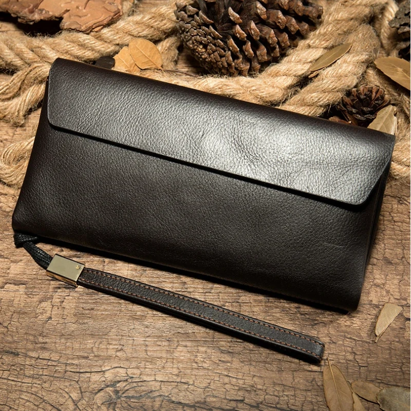 Luxury Korean Style Men's Wallet, Soft Top Grain Cowhide Bifold with Flip Cover, Slim Middle-Length Billfold & Hand Carry