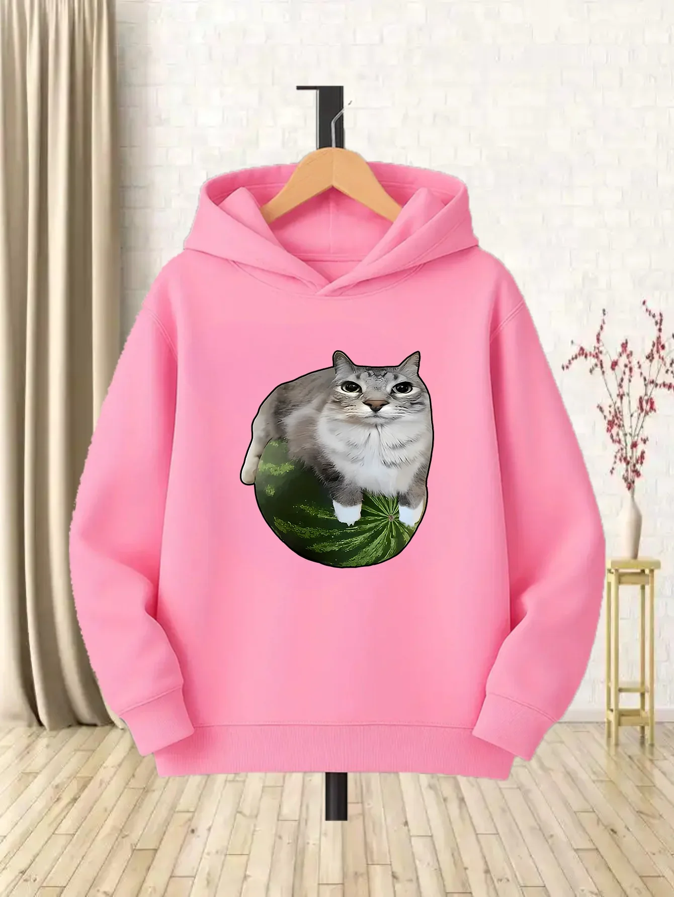 Kids Girls Cute Cat Graphic Hoodie Pink Printed Watermelon Sweatshirt School Clothes Birthday Present Autumn Winter Tops