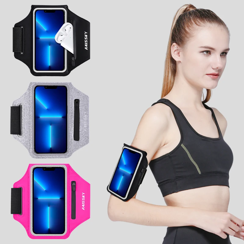 HAISSKY Large  Running Sport Armbands For iPhone 15 14 13 12 11 Pro Max Zipper Earphone Car Key Bag Phone Arm Band For Xiaomi 13