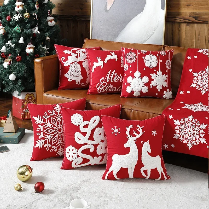 

45x45cm Christmas Cartoon Throw Pillow Cover Santa Claus Snowman Snowflake Cute Pillowcase Home Cushion Cover Red Creative Gift