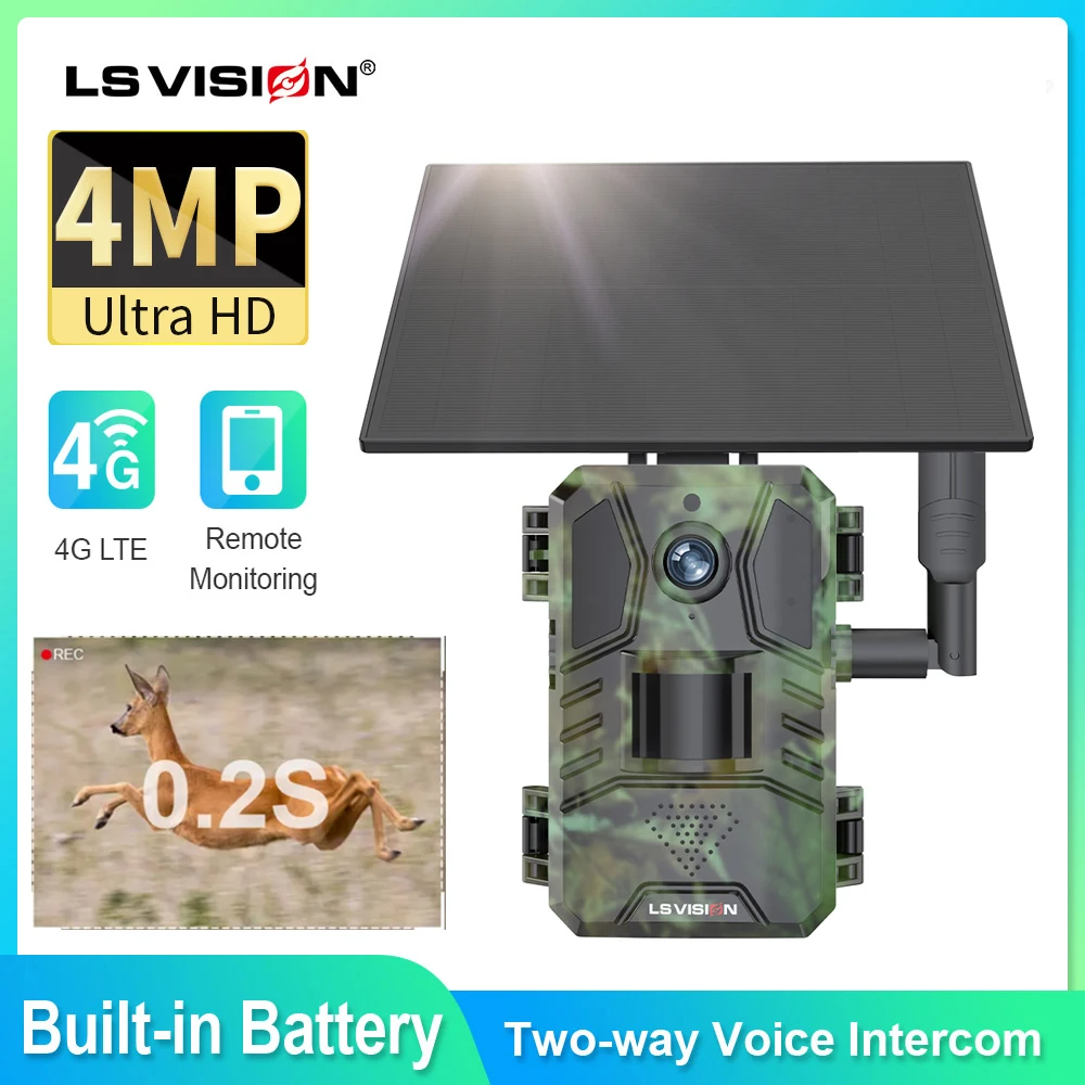 LS VISION 4G LTE Solar Hunting Trail Camera IP66 Waterproof 20M PIR Motion Detection 14MP Wildlife Camera IR Night Vision Cam