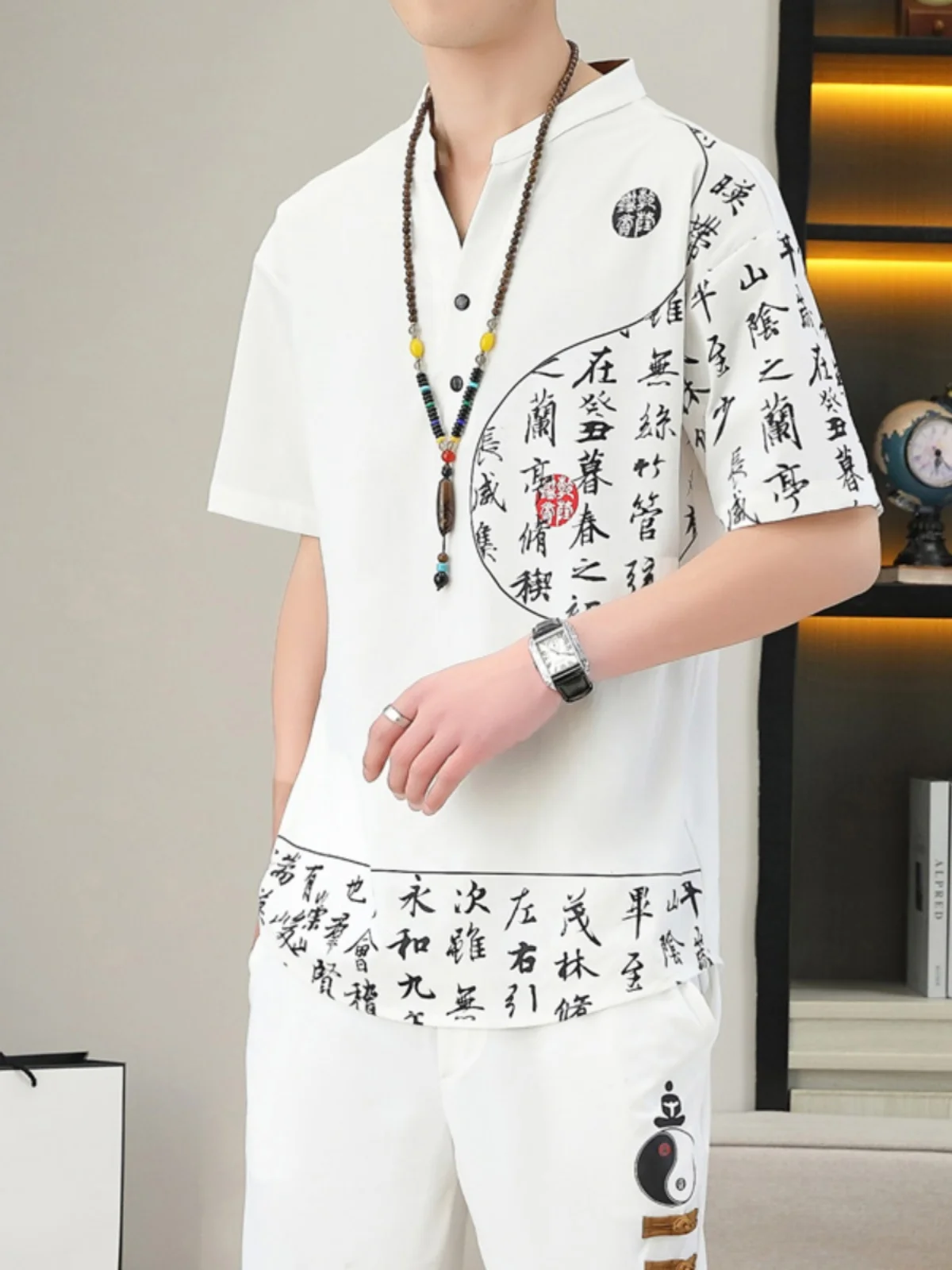 

Summer plus Size Men's Casual Cotton Linen Set Embroidered ort Sve Loose Fit Two Piece Suit Comfortable Breathable Sport...