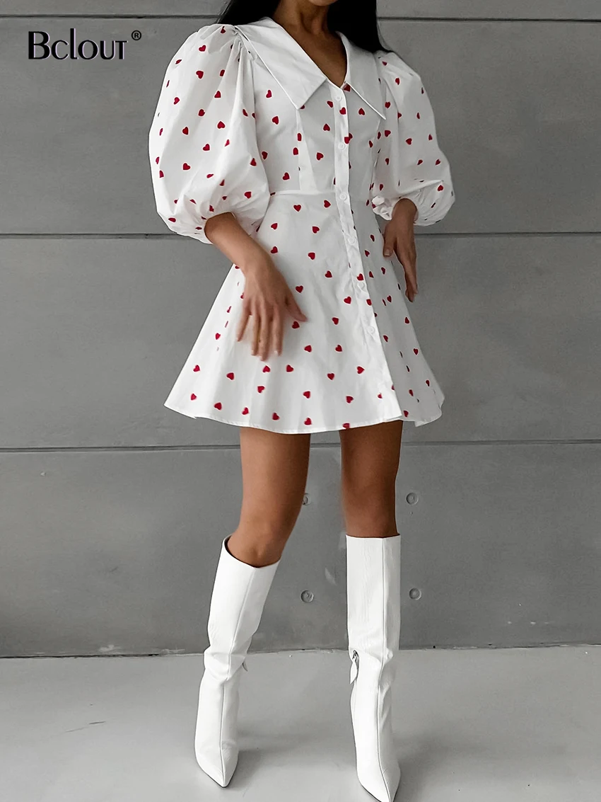 Bclout Fashion Print White Dress Women 2024 Elegant Cotton Office Lady A-Line Dresses Spring Puff Sleeve Slim Party Mini Dresses