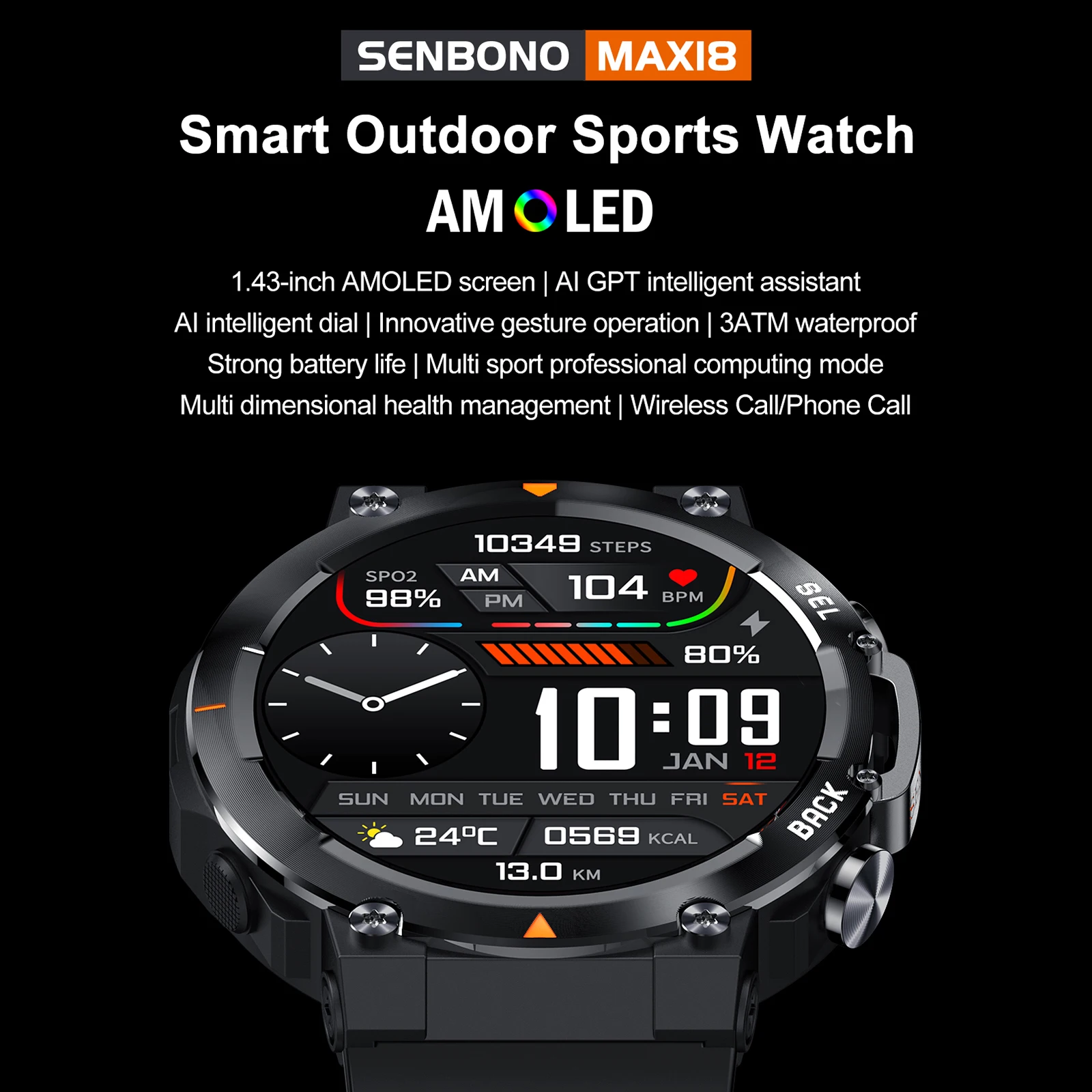 MAX18 سوار ذكي ساعة رياضية 1.43 بوصة AMLOED شاشة تعمل باللمس التحكم بالإيماءات جهاز تعقب للياقة البدنية 3ATM مقاوم للماء النوم/معدل ضربات القلب