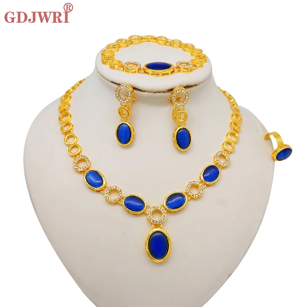 Luxus Dubai Gold Farbe Doppels chicht Halskette Schmuck Sets für Frauen afrikanischen Wasser tropfen Kristalls chmuck indischen Set Geschenke – Detail 28