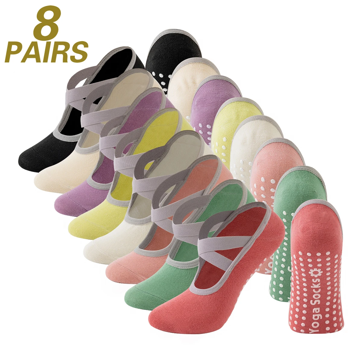 

8 PAIRS Women's Non-Slip Yoga Socks Invisible Low Cut Red Black White Green Yellow Yoga Socks for Indoor Fitness & Gym Exercises