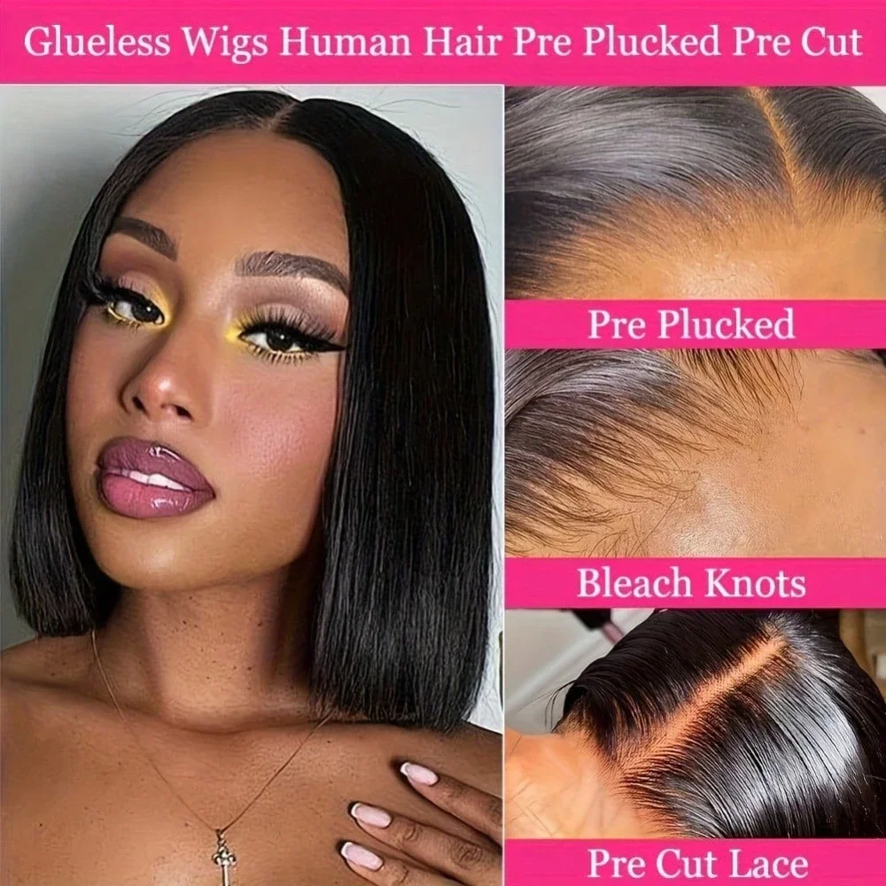 Glueless Human Hair Wigs 5x5 Lace Front Wig Bob Wig Human Hair 200% Density Straight Short Bob Wigs For Black Women Pre Plucked Cut Wig