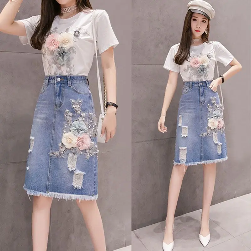 2023 Summer Korean Edition New Handmade 3D Flower Denim Skirt Women\'s Fashion Slim Fit Slim Mid Length Women\'s Set