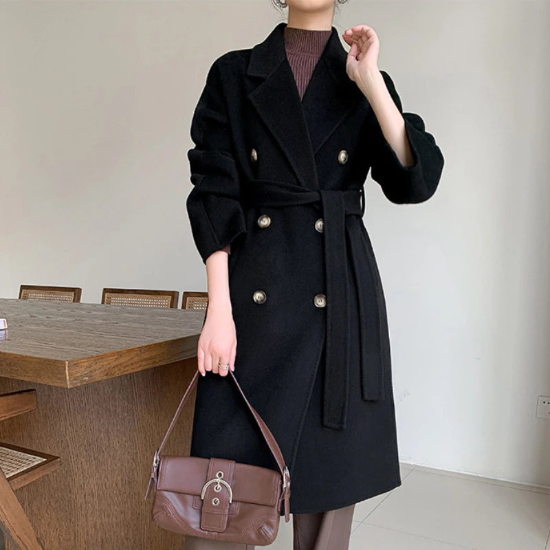 

New Black Casual Dounle-sided 100% Wool Coat Women Fashion Loose Lapel Long Sleeve Double Breasted Woolen Jacket Autumn Winter