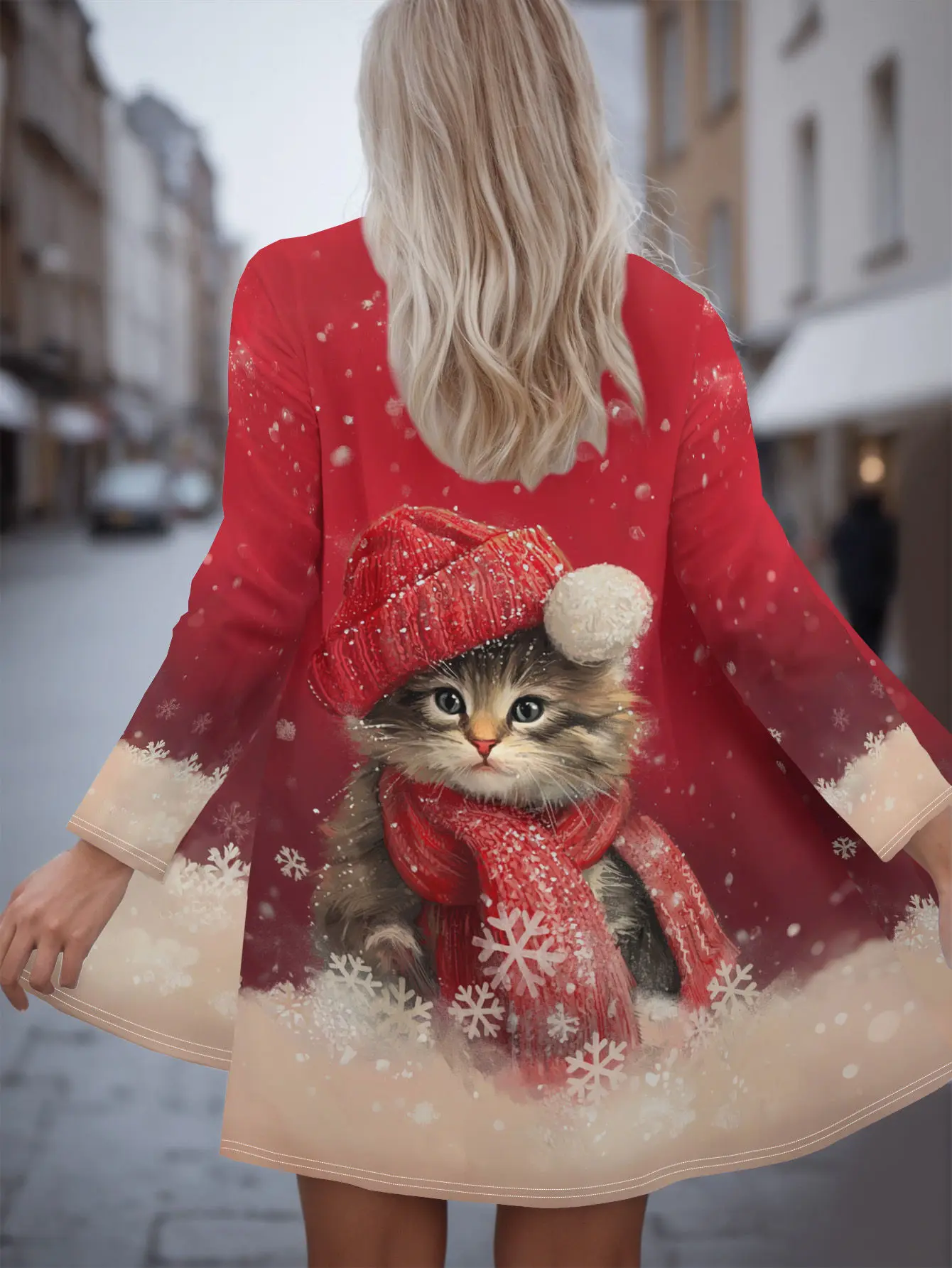 

Рождественская женская повседневная куртка с рисунком котенка и снежинки, дизайнерская накидка с открытым передом, осенне-зимняя женская верхняя одежда