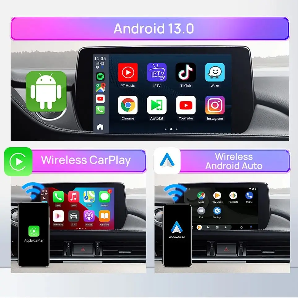 Binize Android 13.0 CarPlay Ai Box, CarPlay automatique sans fil pour Netflix pour voiture avec OEM filaire