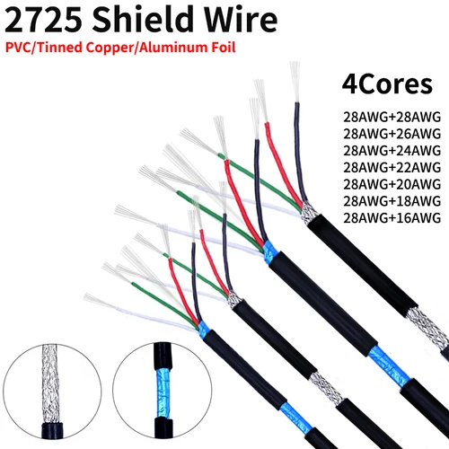 Cable blindado de 2M/10M 28AWG - 16AWG, línea de cobre estañado de papel de aluminio, 4 núcleos, PVC suave UL2725, Cable de señal electrónica de Audio USB DIY