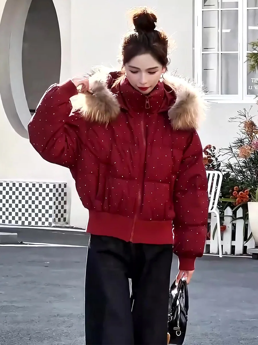 

Женская короткая пуховая куртка белого цвета с воротником из искусственного меха, теплая, красная, повседневная зимняя куртка с ромбовидным узором