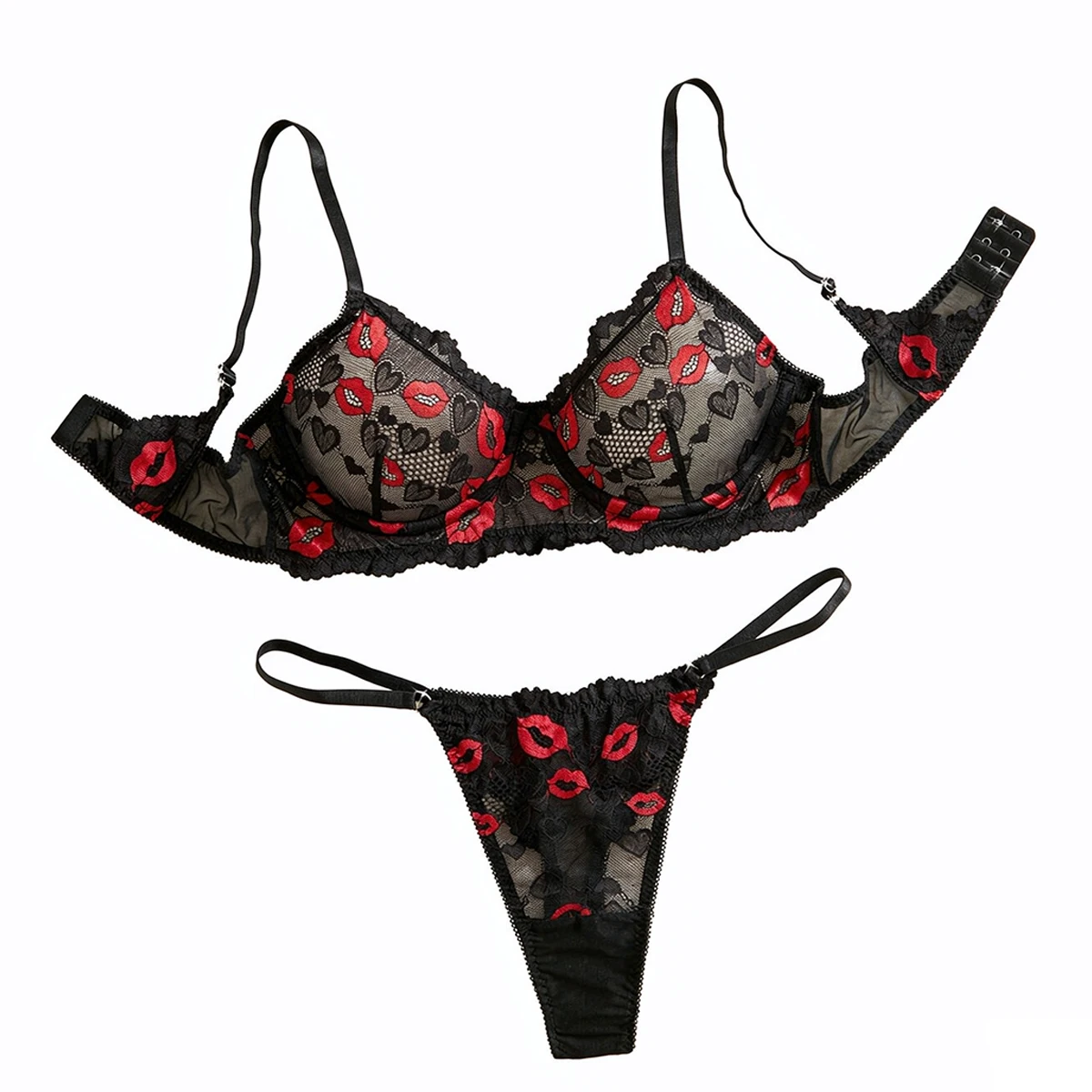 Durchsichtiges Dessous-Set für Damen, Spitzen-BH, G-String, Stickerei mit Kuss-Print, Haken-und-Ösen-Verschluss, offener Cup, sexy Teddy, Valentinstagsgeschenk