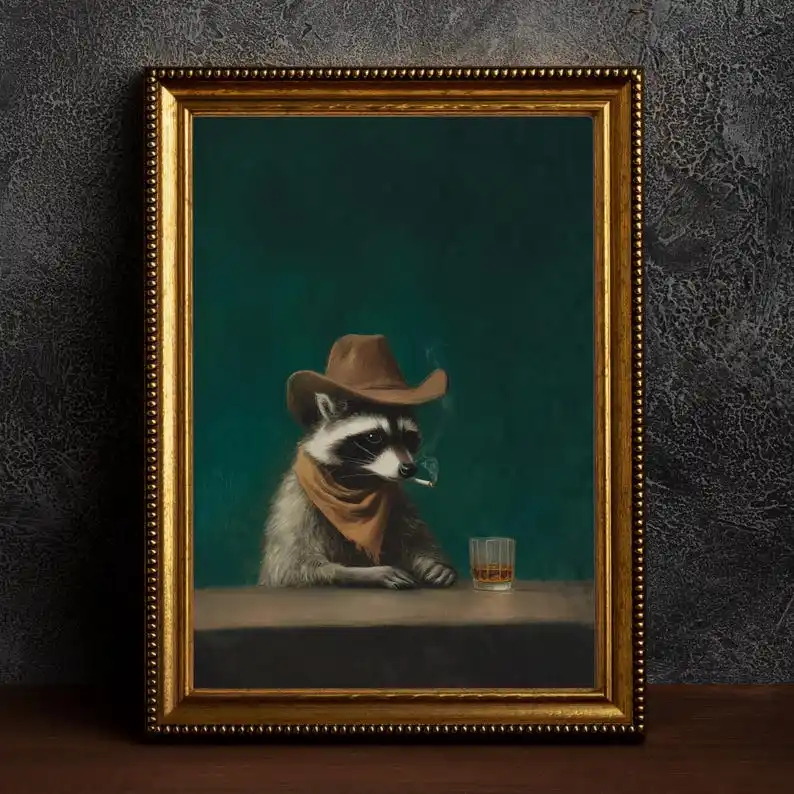 Vintage Funny Smoking Raccoon Cowboy Canvas Wall Art, Frameless Animal Home Decor Poster for Moody Bar Lounge Decortions Gift