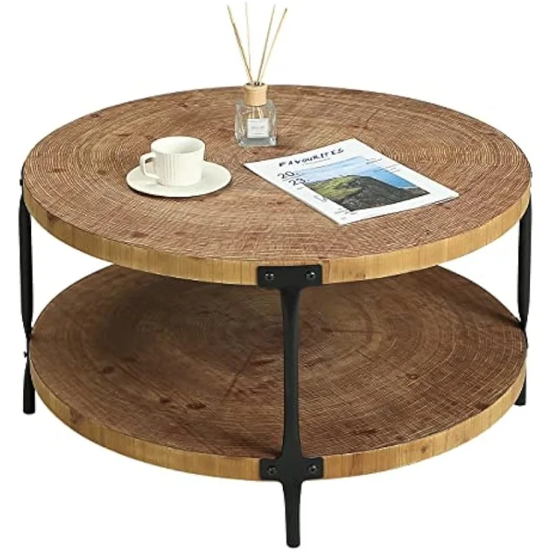 Mesa de centro redonda de madera Boho - Mesas de centro de madera de 2 niveles con círculo natural de granja de 29,1 pulgadas, muebles de sala de estar, natural