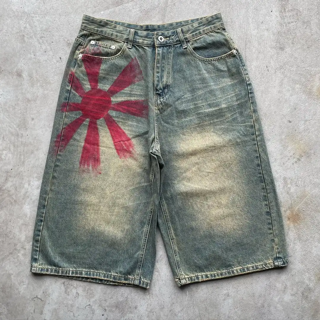 

Y2K New Popular Denim Shorts Patch Vintage Middle Pants Men Street Hip Hop Fashion Harajuku Punk Loose High Waist Wide Leg Pants