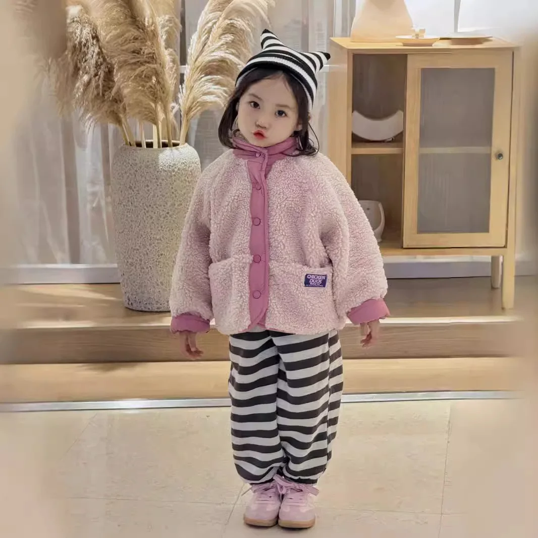 

Girls Coat 2024 Winter New Childrens Clothing Girl Baby Foreign Pink Thick Lamb Wool Clip Cotton Jacket Casual Simple and Lovely