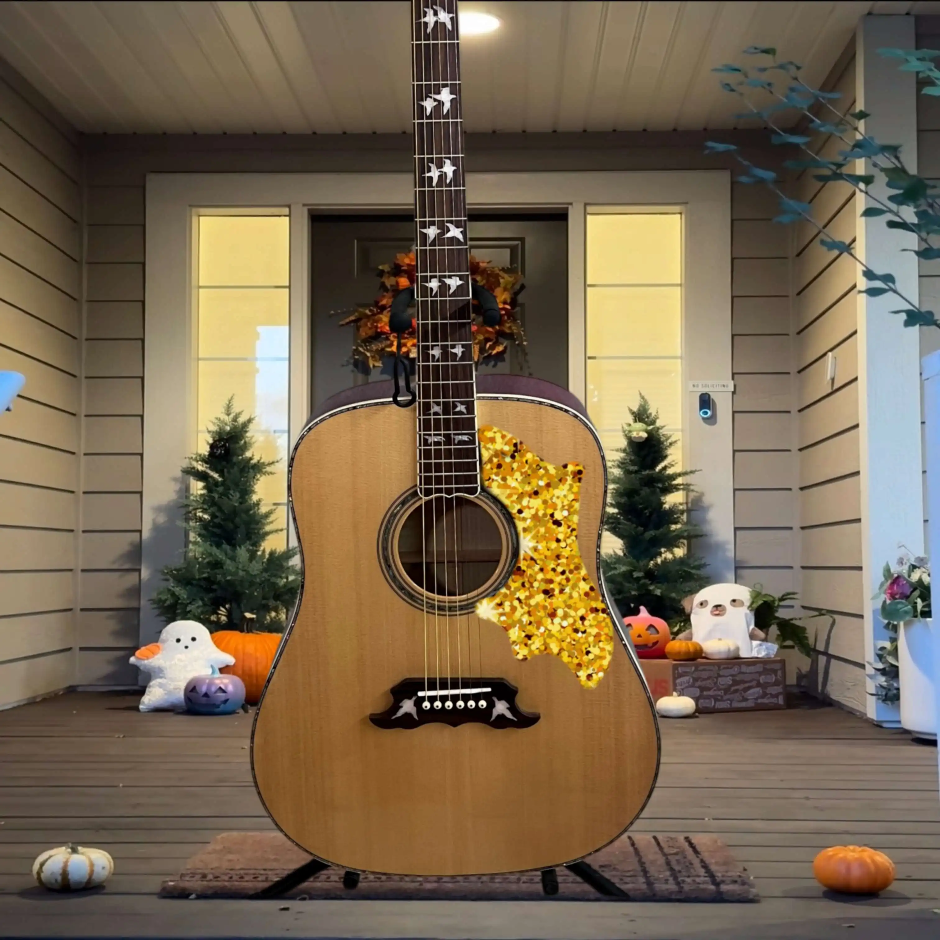 Natural Acoustic Guitar Spruce Body Rosewood Fingerboard Green Floral Bird Pickguard Fixed Bridge Rich Bass Clear Treble Stage