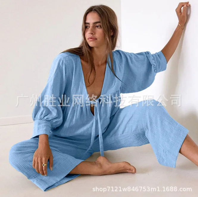 

2024 New Cotton Trouser Suits Female 2 Piece Sets Lace Up Women's Nightwear Three Quarter Sleeve V Neck Pajamas Loose Sleepwear