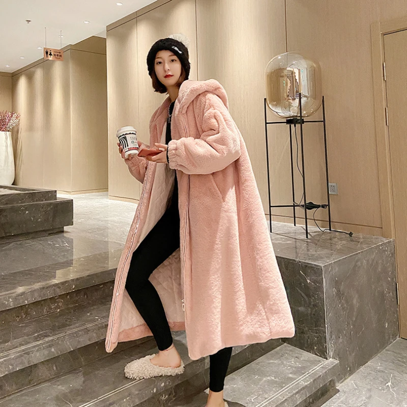 2024 Winter New Over-the-Knee Faux Fur Coat, Long Hooded Lamb Hair Jacket, Cute Warm Top High Quality Women Fuzzy Clothing