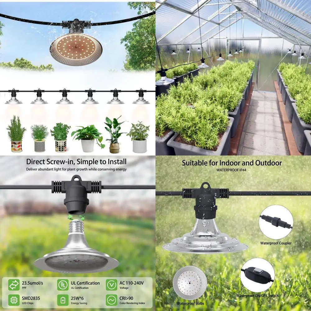 

Full Spectrum Waterproof LED Grow Lights for Outdoor Plants - 6-Light Greenhouse Lighting, 21.3FT Adjustable String, 28Watts for