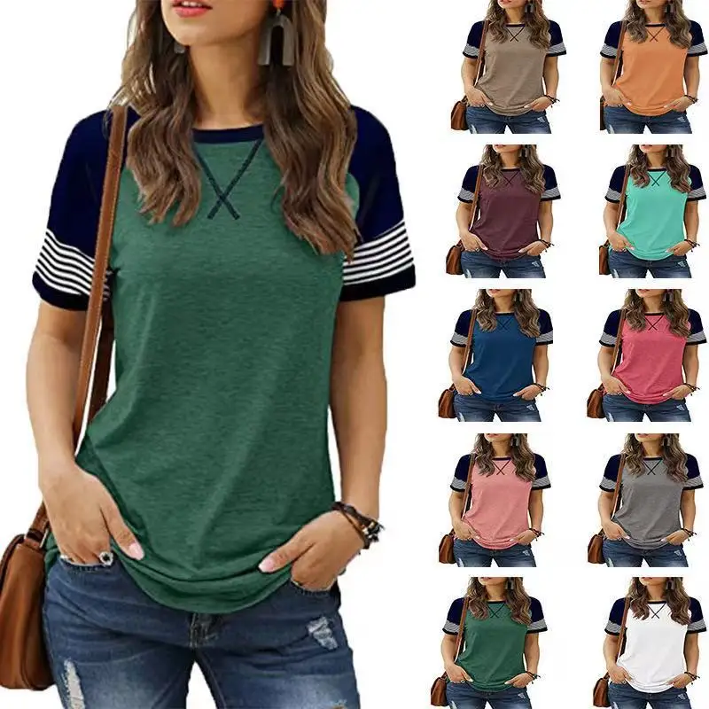 Casual Women's Short Sleeve T-Shirt Patchwork Gradient Color British Style Cotton Loose Fit round Neck Print Design Summer Fa...
