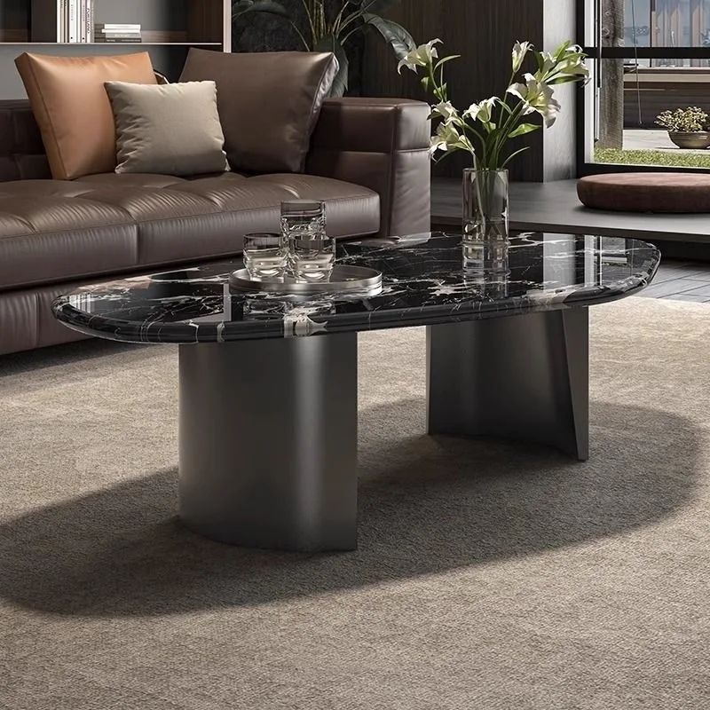 طقم طاولة قهوة من الرخام مع قاعدة من الفولاذ المقاوم للصدأ وطاولة قهوة إيطالية حديثة وطاولة مركزية حجرية #5
