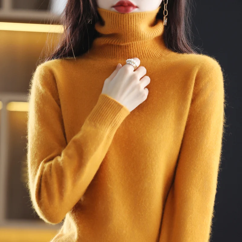 Autumn and winter new 100% mink velvet women\'s sweater turtleneck knit pullover slim fashion soft warm solid color 23-color top