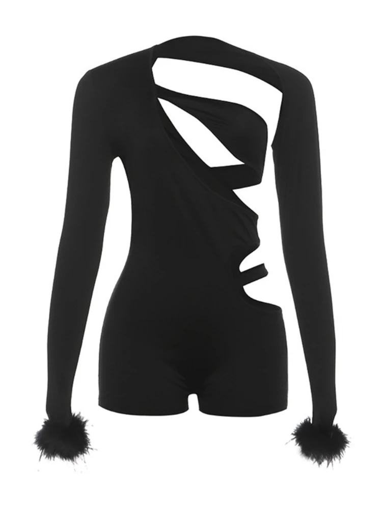 SsTss الصلبة ريشة تقليم كم طويل بذلة للنساء مثير غير المتكافئة قطع سليم تمتد Bodycon رومبير للحزب ليلة