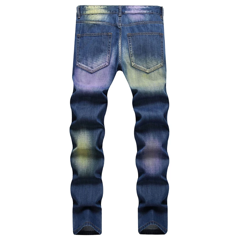 New Men's Jeans Europe United States Slim Stretch Fashion Hole Pasted Cloth Printing Hip Hop Denim Motorcycle Streetwear