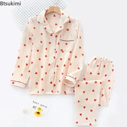 Women's Spring Pajamas Set Heart Printed Crepe Cotton Double-layer Gauze Turn-down Collar Long-sleeve Sleepwear Household Wear