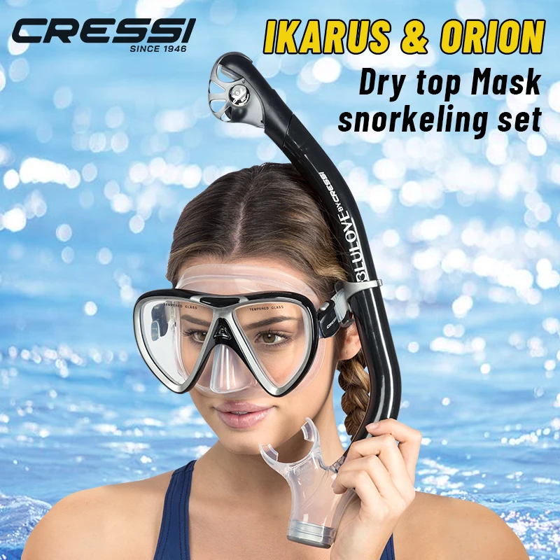 CRESSI Juego de snorkel para adultos Máscara y equipo de calidad de snorkel seco para descubrir el mundo submarino Ikarus y Orion