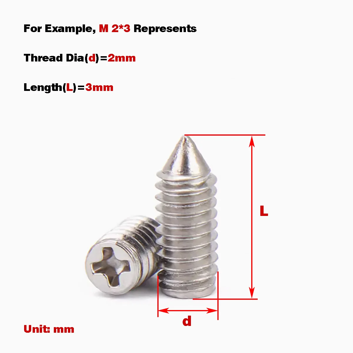 304 Stainless Steel Cross Pointed Set Screw / Headless Machine Bolts M2M2.5M3M4