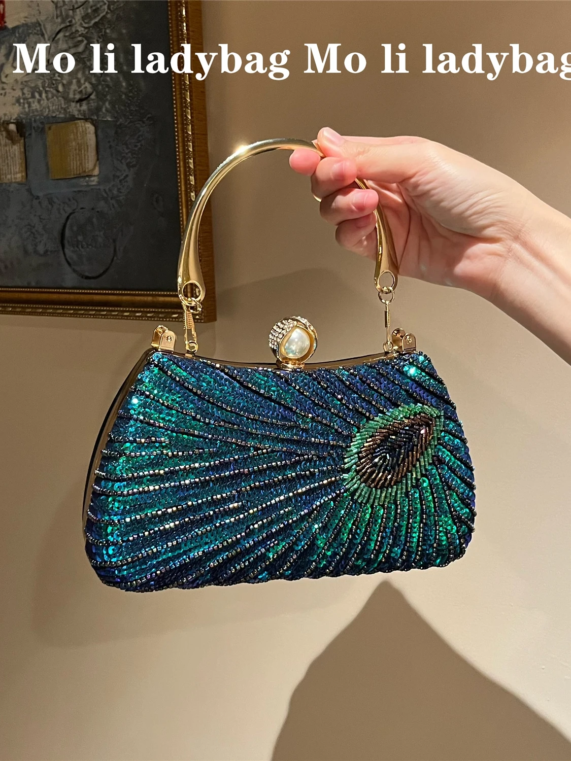 Heavy-Work Bling Sequin Water Diamond Handbag for  And Peacock Gown Ball Ceremony round Shape Small Size Fashion Bag