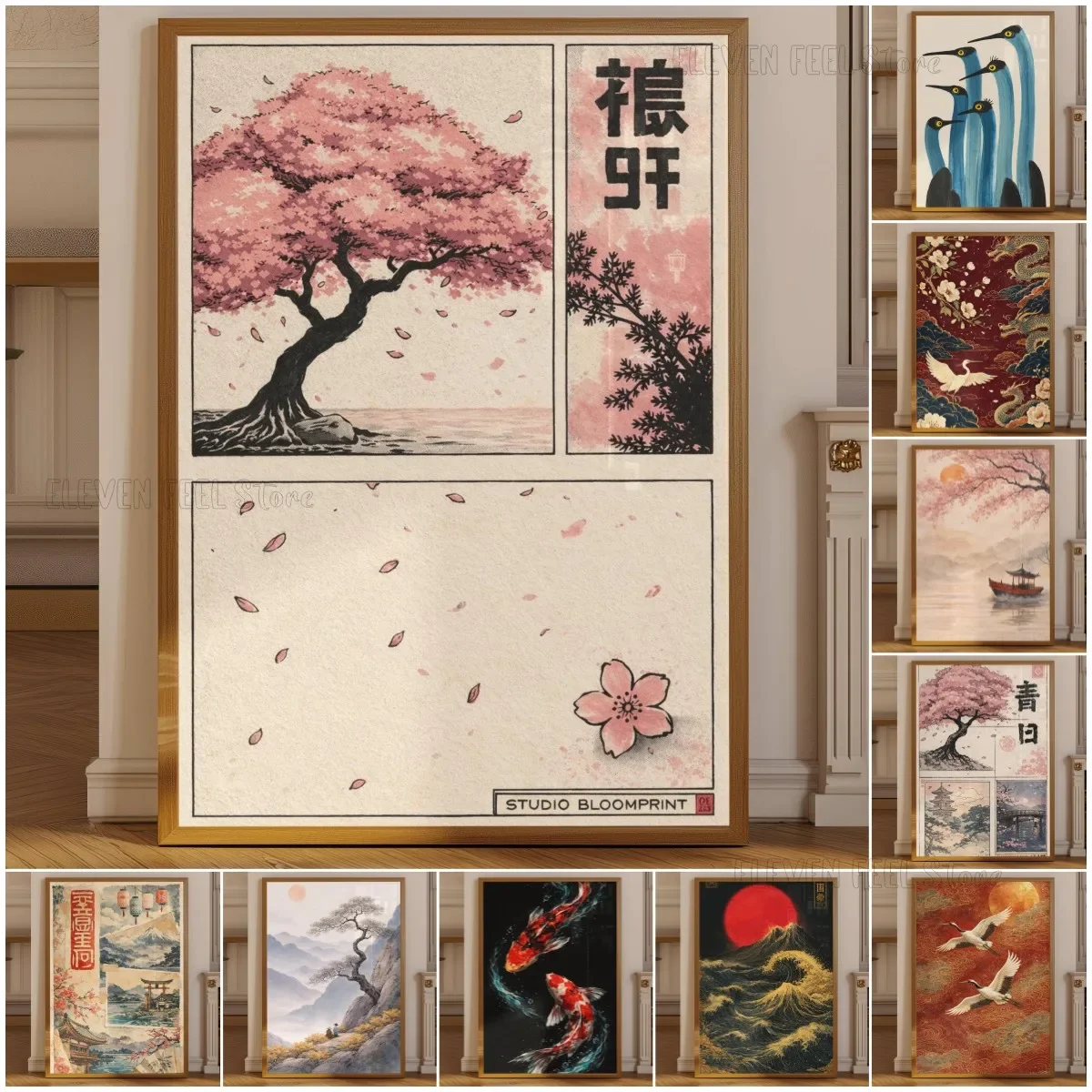 Cherry Blossom Poster, Japanese Sakura Tree Wall Art Print, Vintage Asian Landscape Decor, Pink Floral Japandi Home Artwork