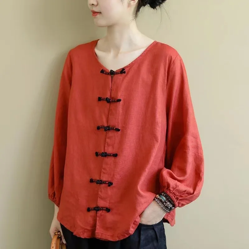 Retro Ethnic Print Linen Shirt Summer Linen  Cotton Women  Clothing  Spring And Autumn Loose Literature Chinoiserie Ladies Top