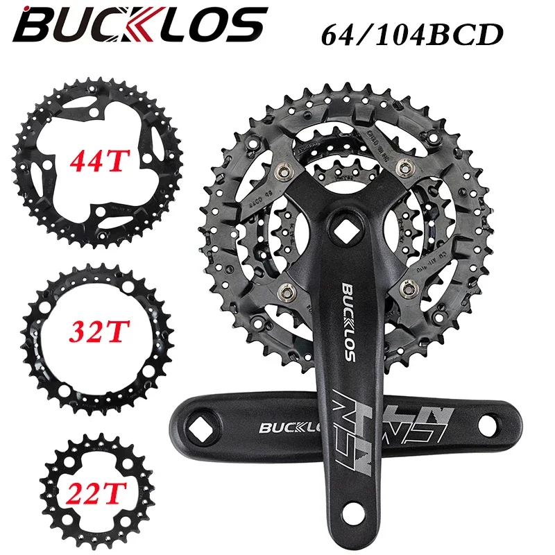 

BUCKLOS MTB Crankset 9speed 22-32-44T Bicycle Crank Set Aluminum Alloy 170mm Crank 64/104BCD Chainring Bike Crankset Part