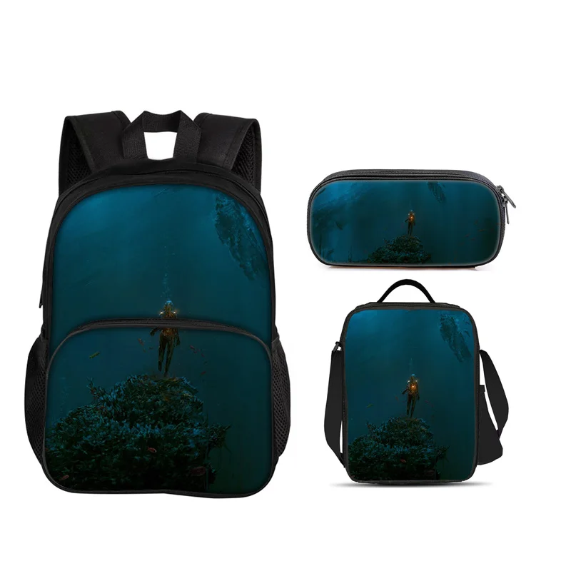 

Underwater World Round Front Bag Backpack Pen Bag ice Bag 3Pcs Set Versatile Cartoon Boy and Girl School Birthday Best Gift