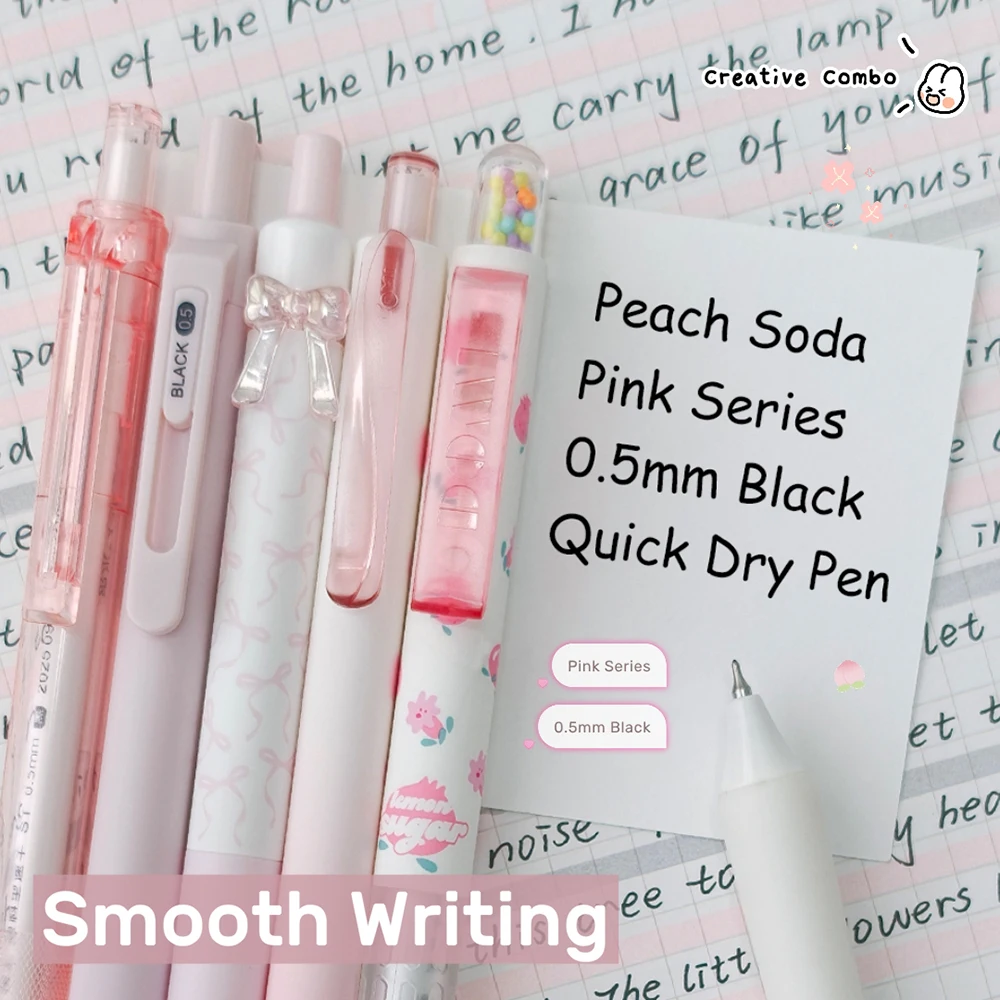 6Pcs/Set Peach Soda Gel Pen 0.5mm Pink Style Quick Dry Pens Creative Combo Black Writing Pens For Study and Office Use