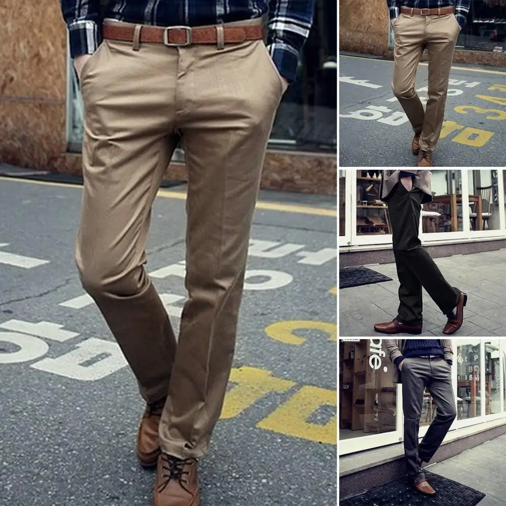 

Solid Color Trousers Stylish Men's Slim Fit Business Trousers Breathable Soft Mid Waist Pants with Pockets Button-zipper Closure