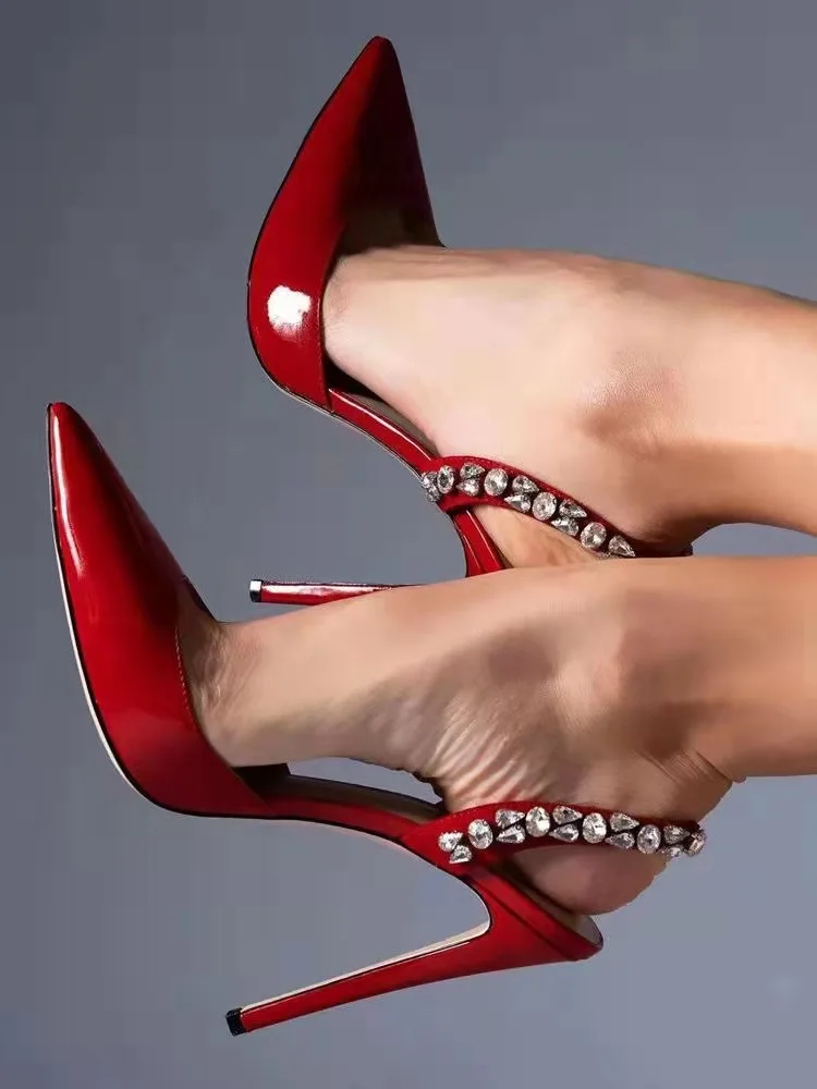2025 Bling Crystal Ankle Strap Pumps for Women Sexy Pointed Toe Thin Heel Party Shoes Ladies Black White Pu Leather High Heels
