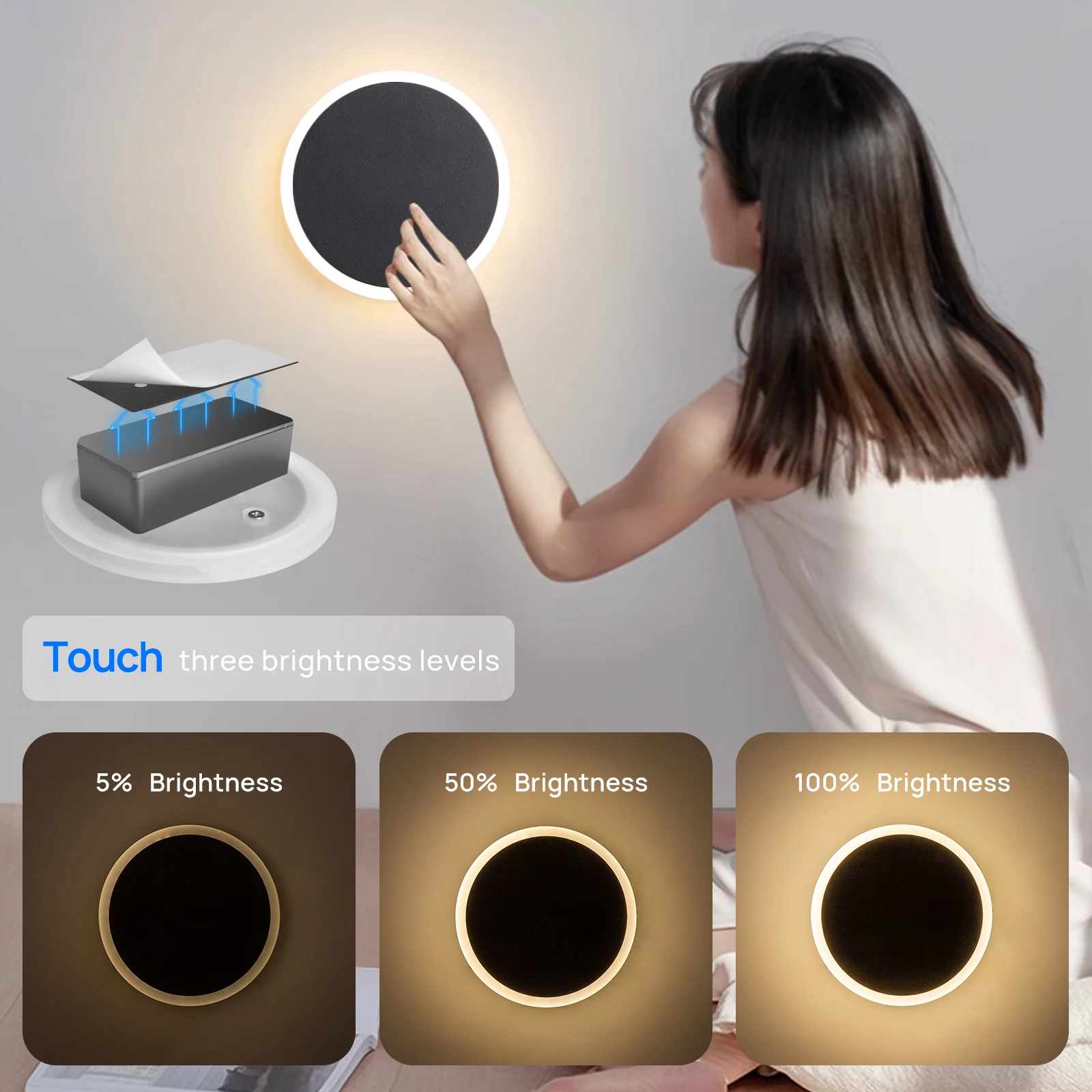 Litu Indoor LED Wall lamp With Battery Charging Touch Switch 3 types of Brightness White/Black For Bedside Hallway Porch Sconce